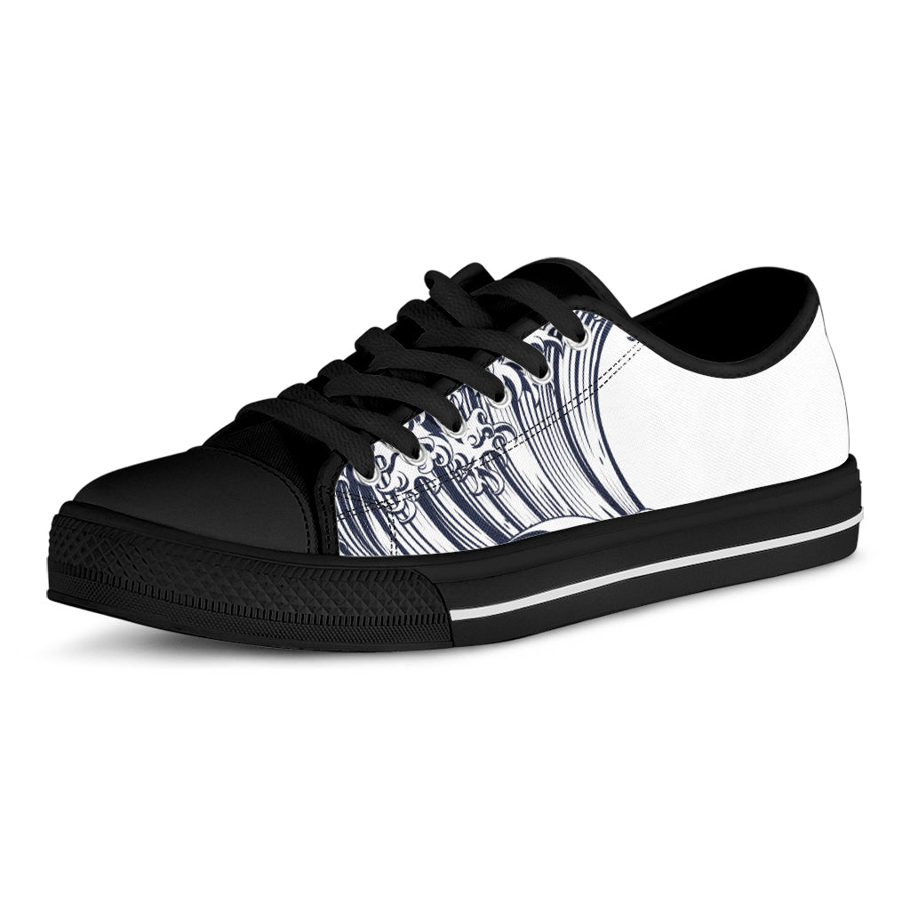 Japanese Kanagawa Wave Print Black Low Top Shoes 