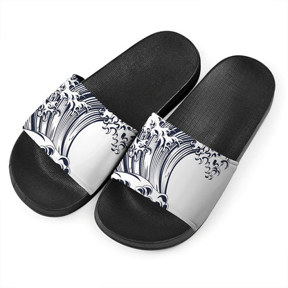 Japanese Kanagawa Wave Print Black Slide Sandals