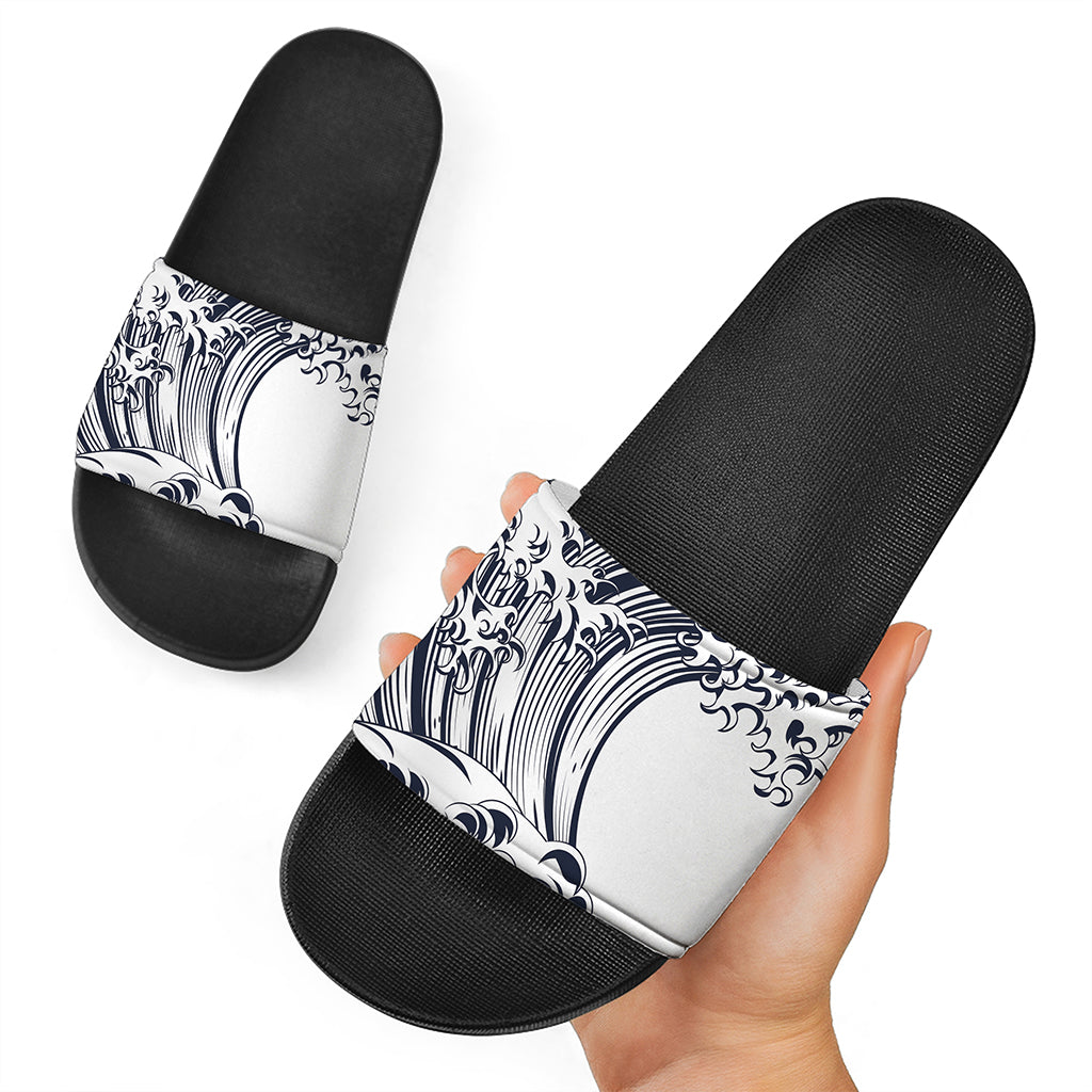 Japanese Kanagawa Wave Print Black Slide Sandals