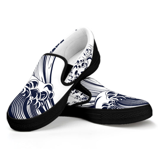 Japanese Kanagawa Wave Print Black Slip On Shoes
