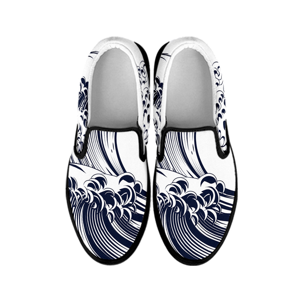 Japanese Kanagawa Wave Print Black Slip On Shoes