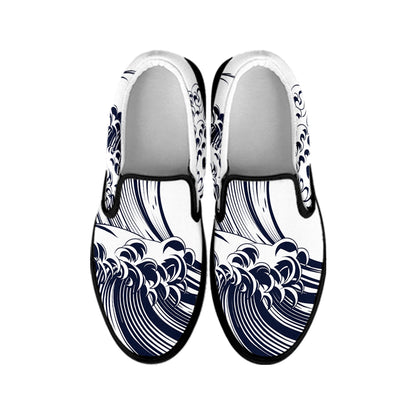 Japanese Kanagawa Wave Print Black Slip On Shoes