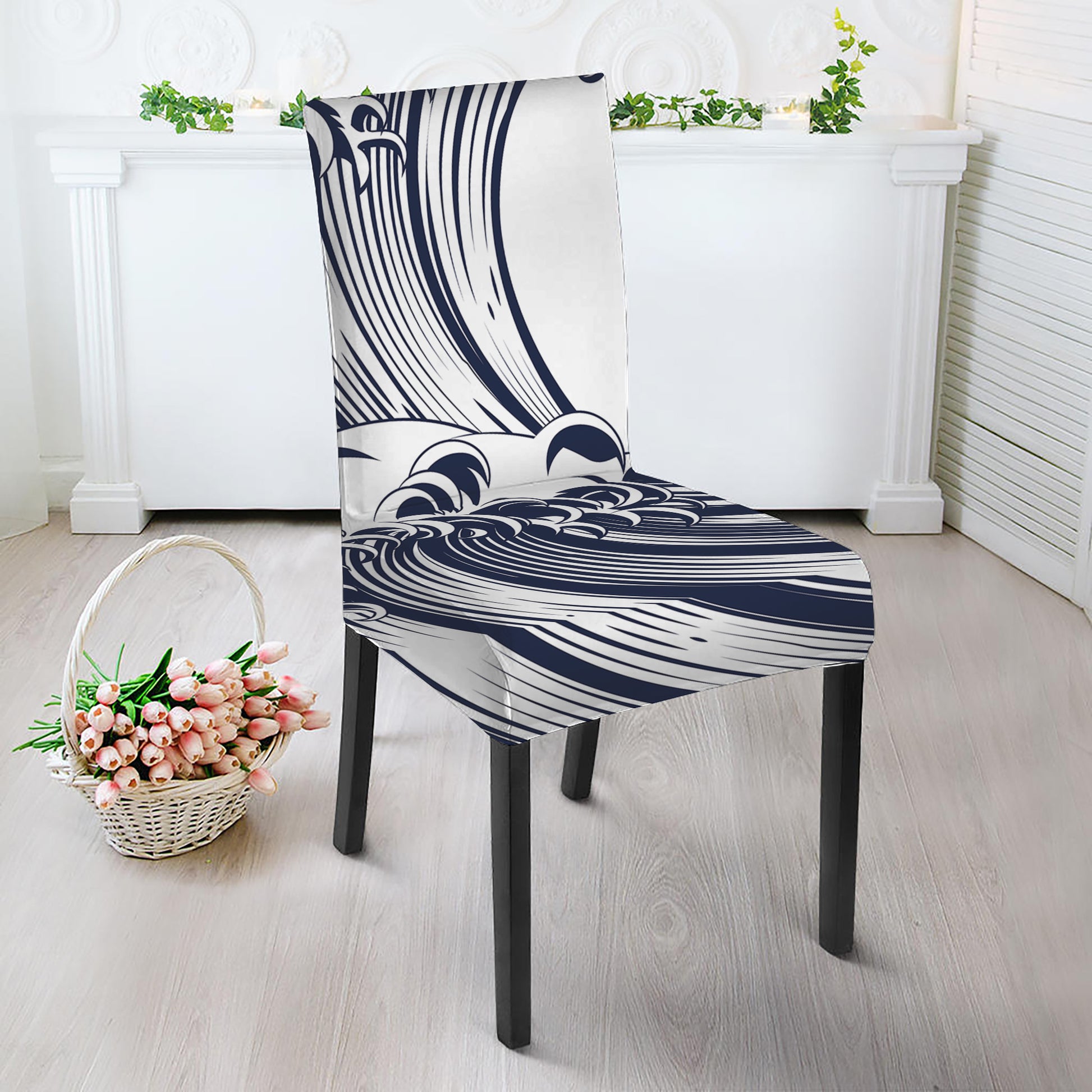 Japanese Kanagawa Wave Print Dining Chair Slipcover