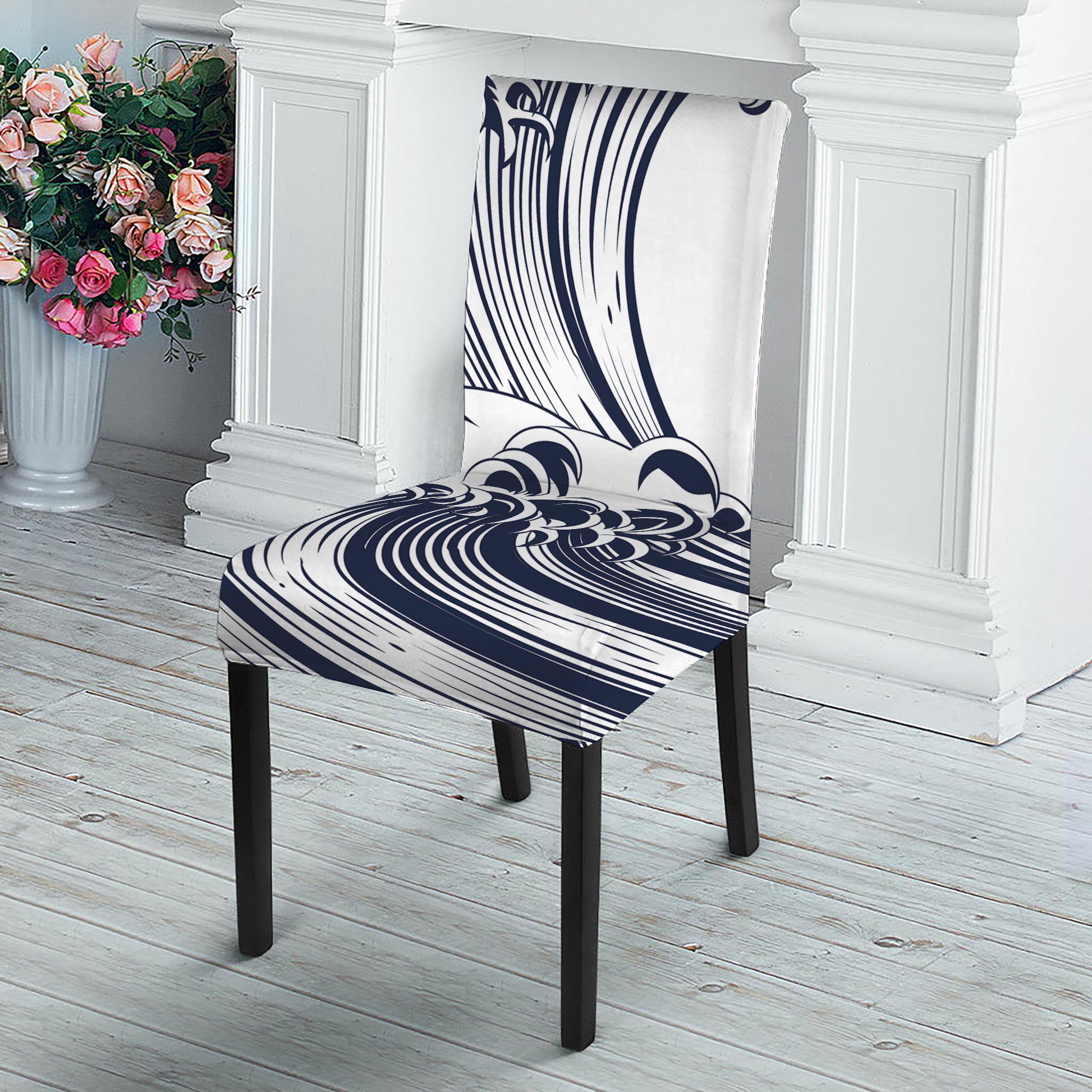 Japanese Kanagawa Wave Print Dining Chair Slipcover