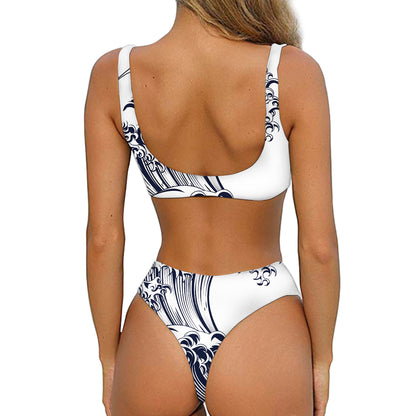 Japanese Kanagawa Wave Print Front Bow Tie Bikini