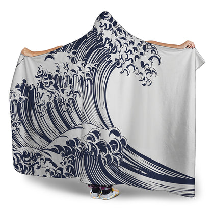 Japanese Kanagawa Wave Print Hooded Blanket