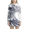 Japanese Kanagawa Wave Print Pullover Hoodie Dress