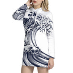 Japanese Kanagawa Wave Print Pullover Hoodie Dress