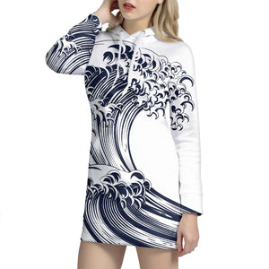 Japanese Kanagawa Wave Print Pullover Hoodie Dress
