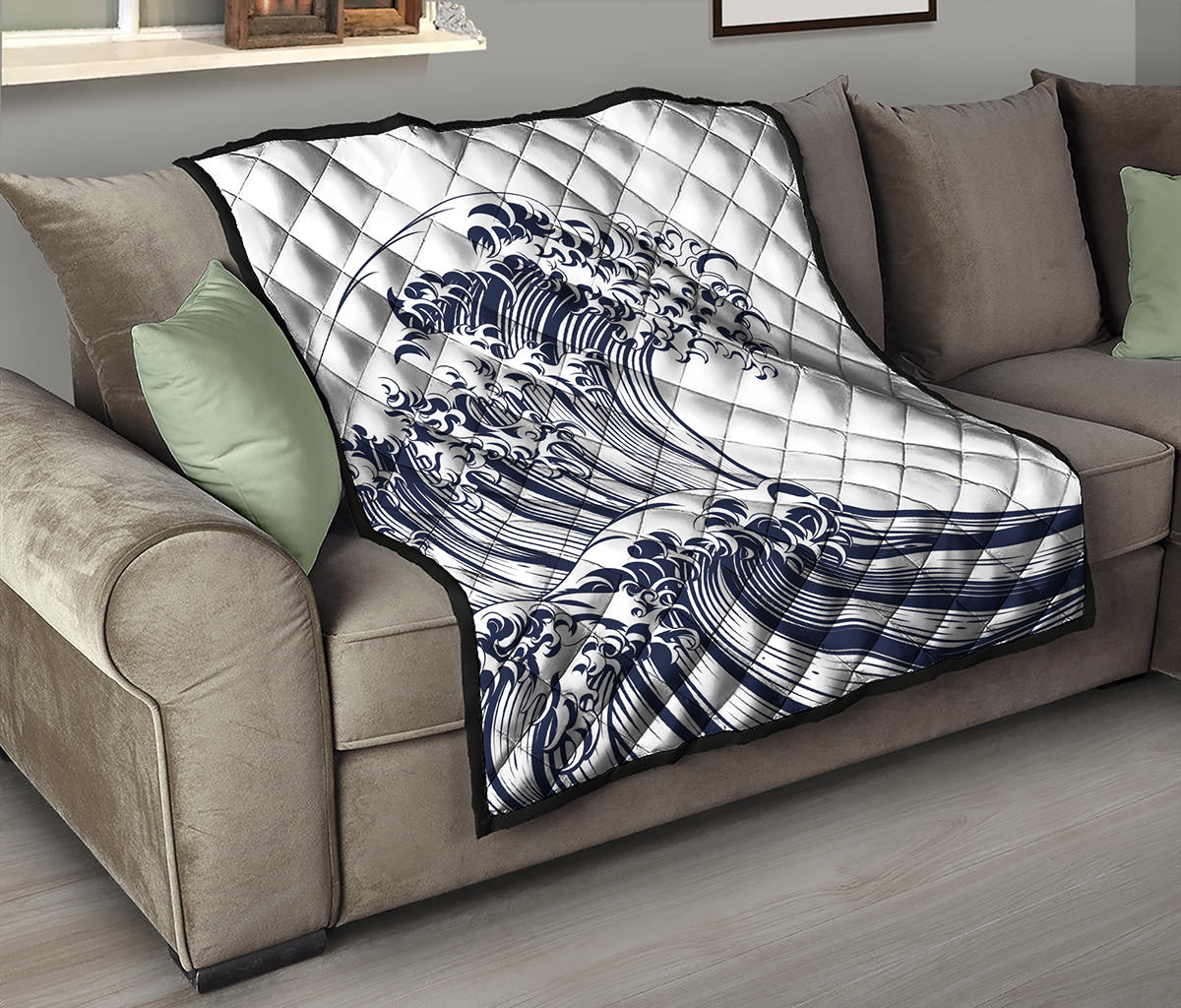 Japanese Kanagawa Wave Print Quilt