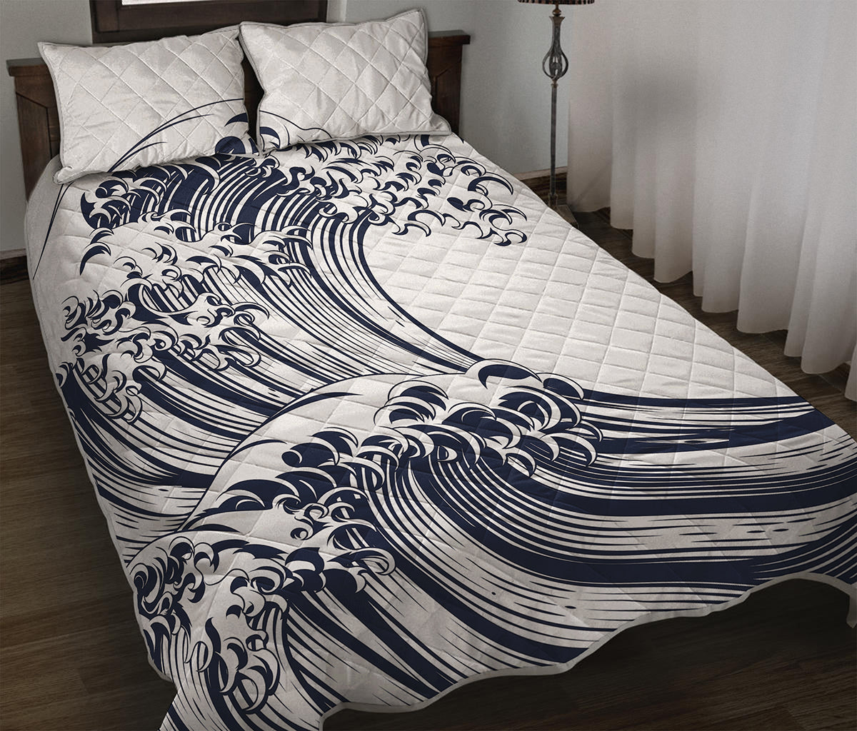 Japanese Kanagawa Wave Print Quilt Bed Set