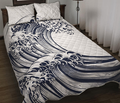 Japanese Kanagawa Wave Print Quilt Bed Set