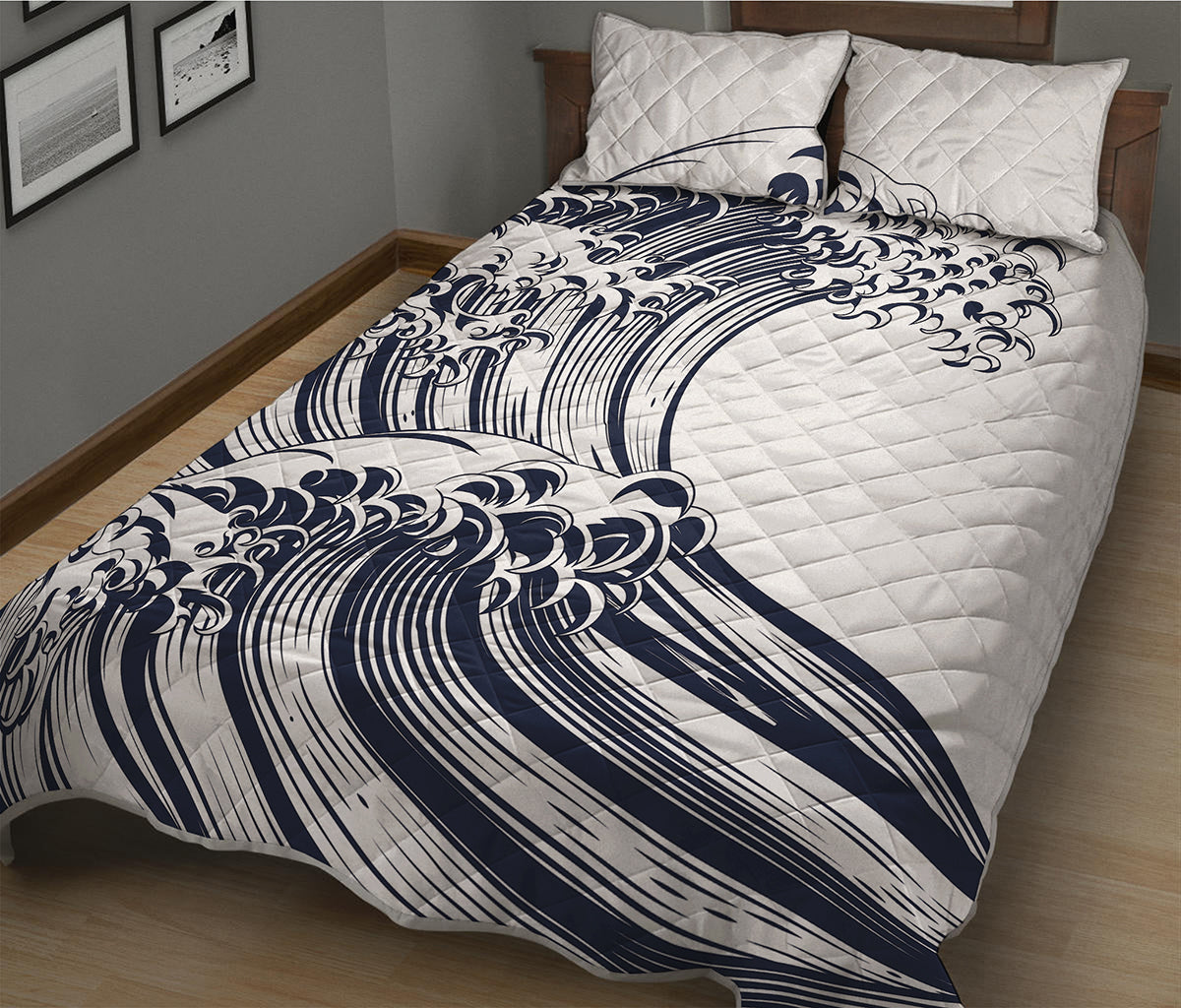 Japanese Kanagawa Wave Print Quilt Bed Set