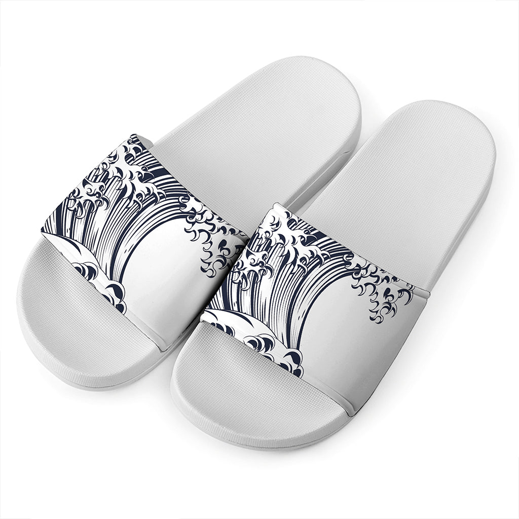 Japanese Kanagawa Wave Print White Slide Sandals