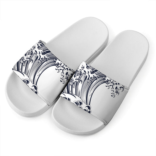 Japanese Kanagawa Wave Print White Slide Sandals