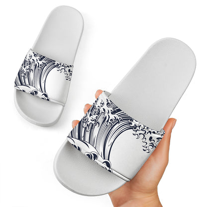 Japanese Kanagawa Wave Print White Slide Sandals