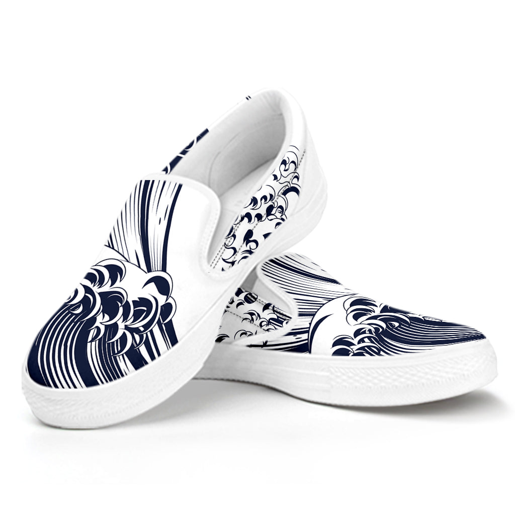 Japanese Kanagawa Wave Print White Slip On Shoes