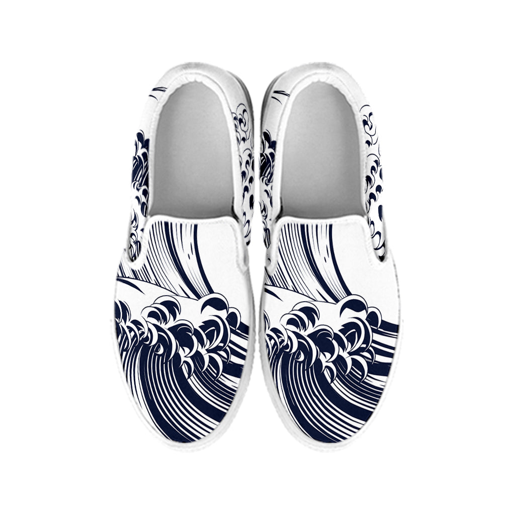 Japanese Kanagawa Wave Print White Slip On Shoes