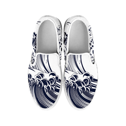 Japanese Kanagawa Wave Print White Slip On Shoes