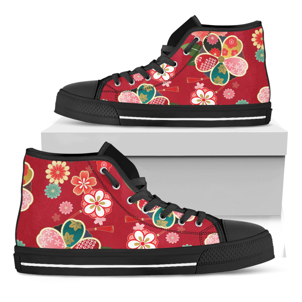 Japanese Kimono Pattern Print Black High Top Shoes