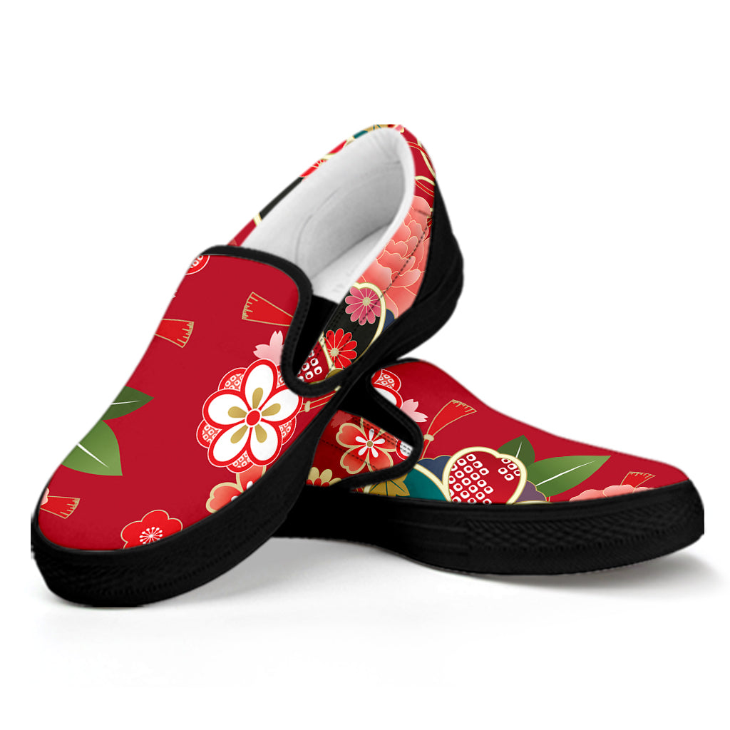 Japanese Kimono Pattern Print Black Slip On Shoes