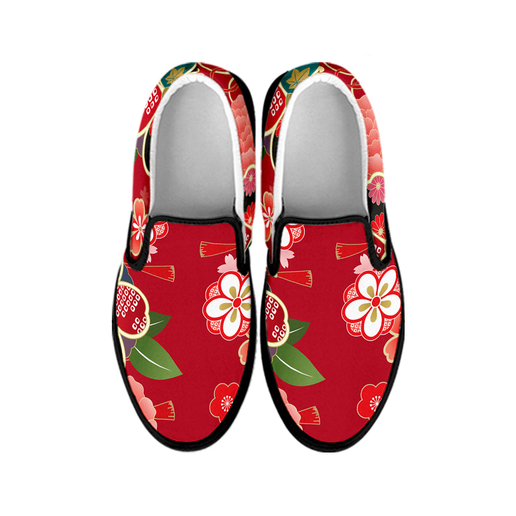 Japanese Kimono Pattern Print Black Slip On Shoes
