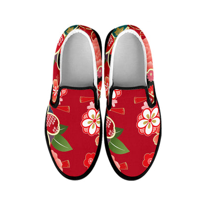 Japanese Kimono Pattern Print Black Slip On Shoes