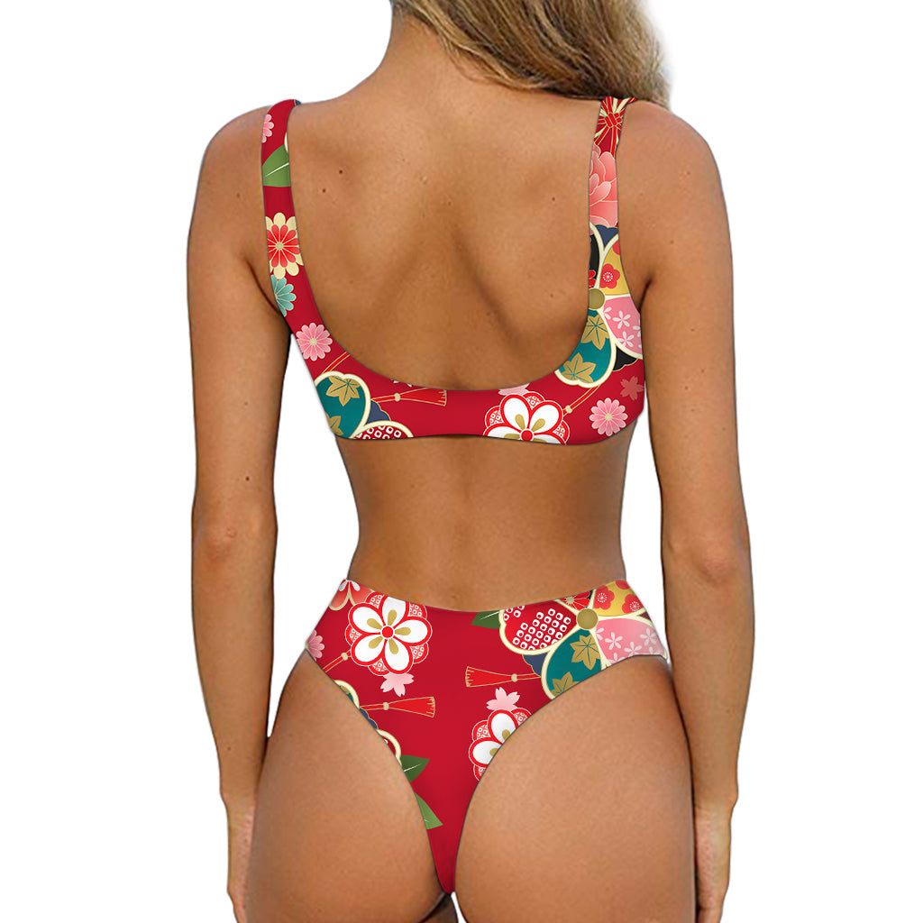 Japanese Kimono Pattern Print Front Bow Tie Bikini