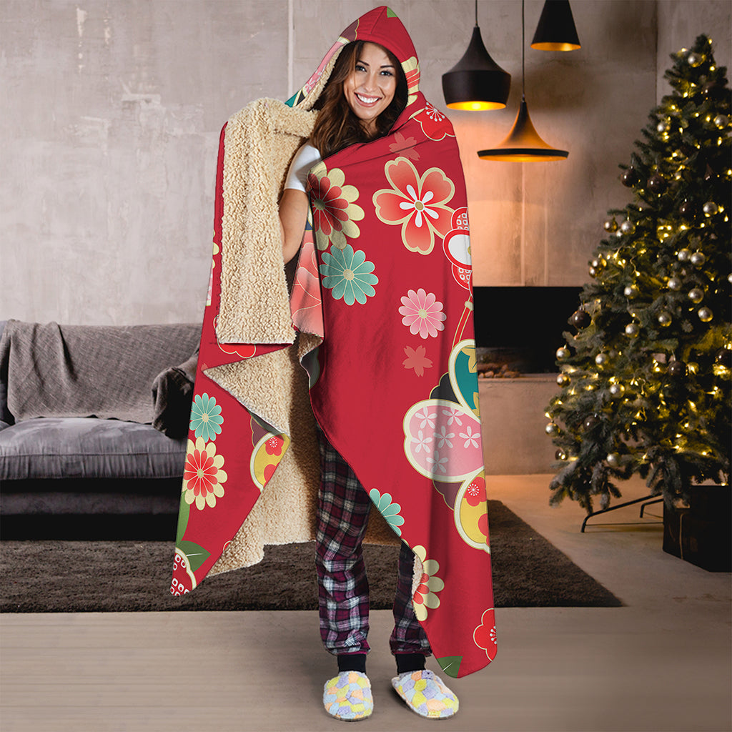 Japanese Kimono Pattern Print Hooded Blanket