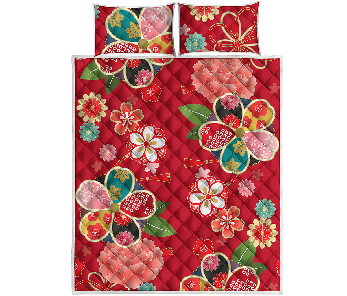 Japanese Kimono Pattern Print Quilt Bed Set