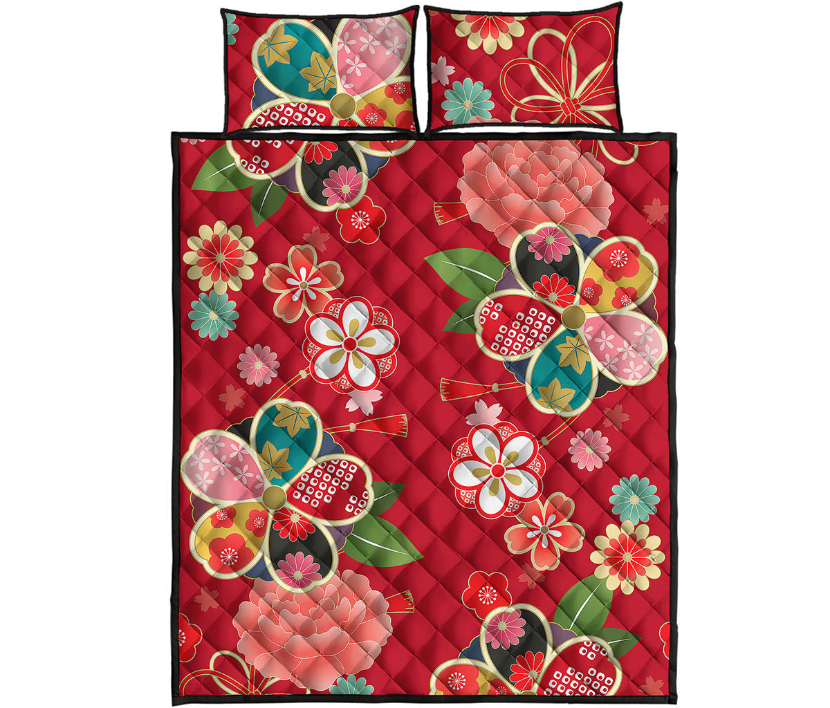 Japanese Kimono Pattern Print Quilt Bed Set