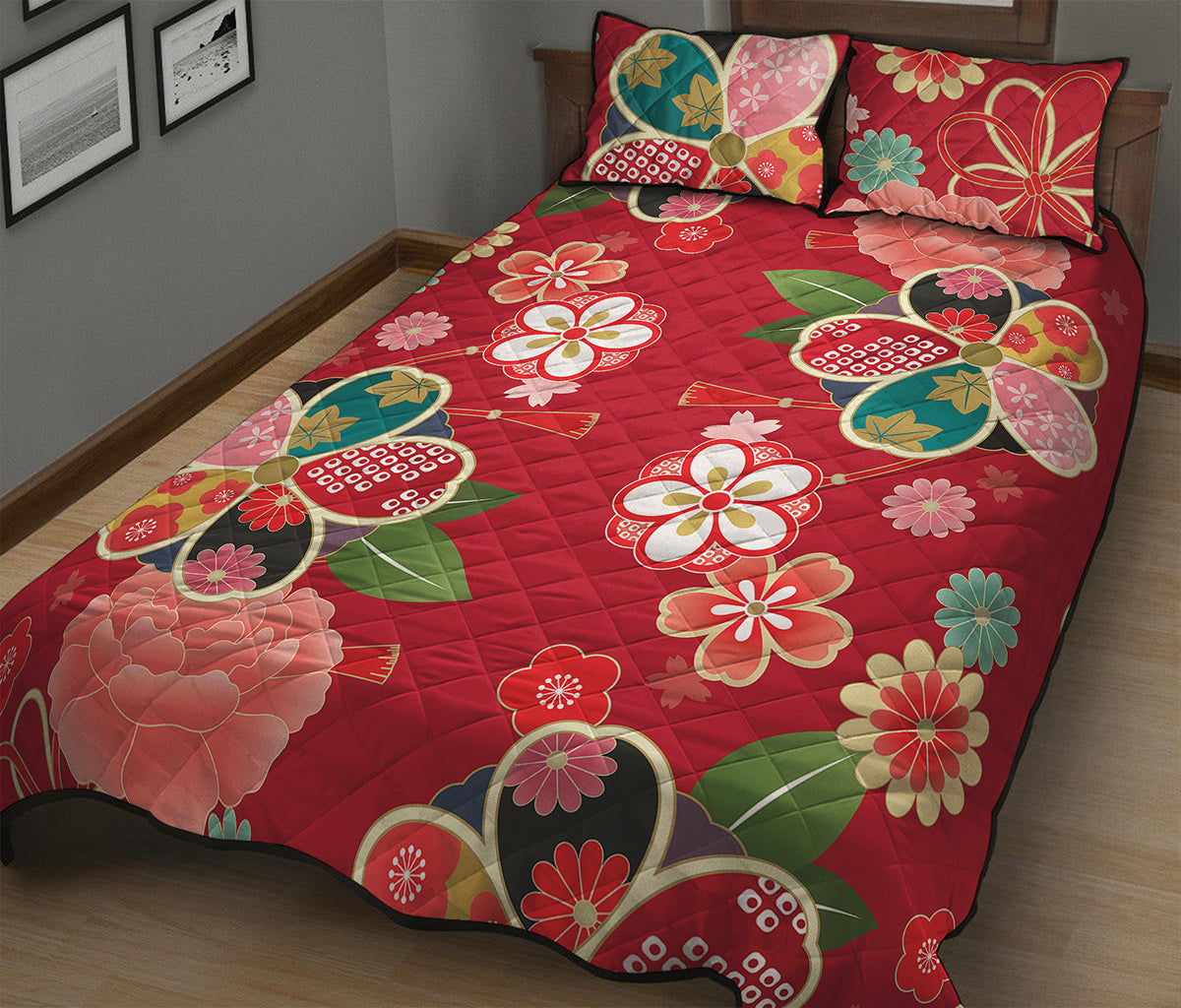 Japanese Kimono Pattern Print Quilt Bed Set