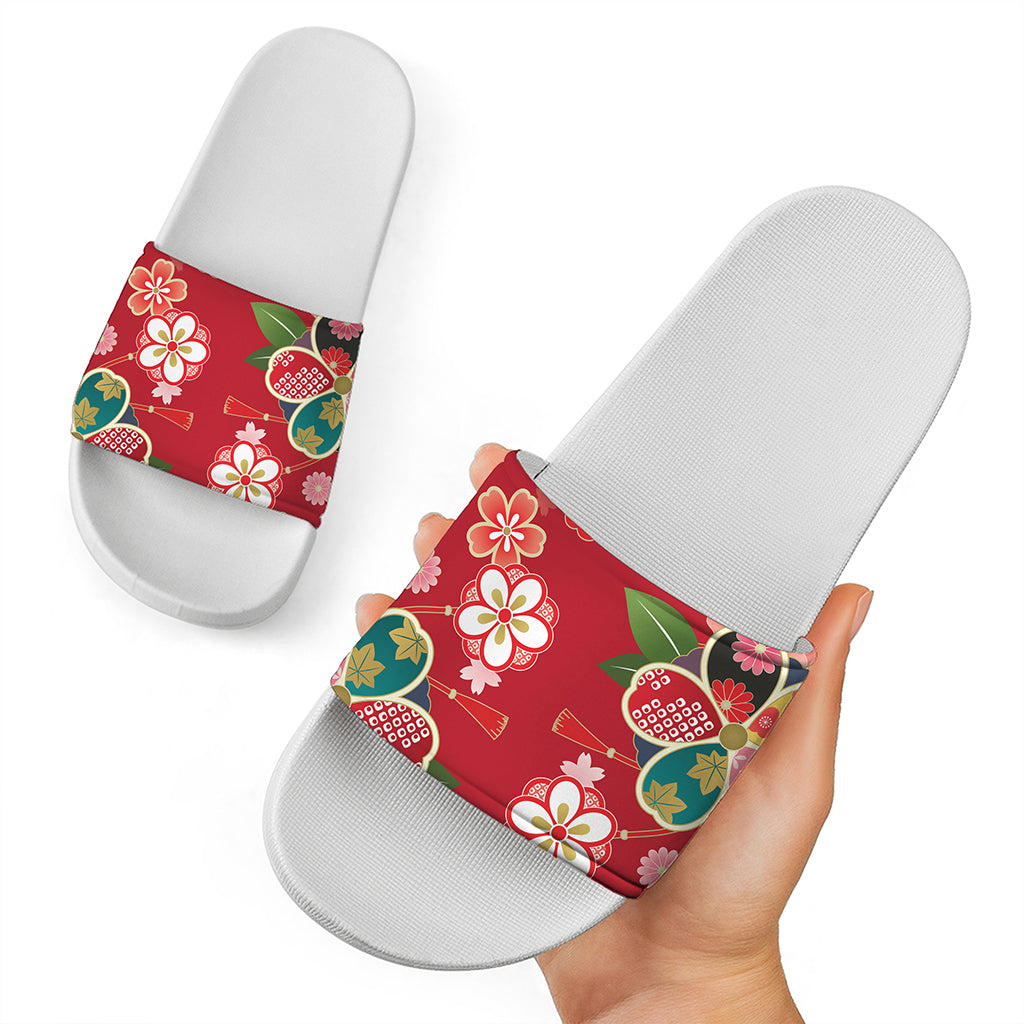 Japanese Kimono Pattern Print White Slide Sandals
