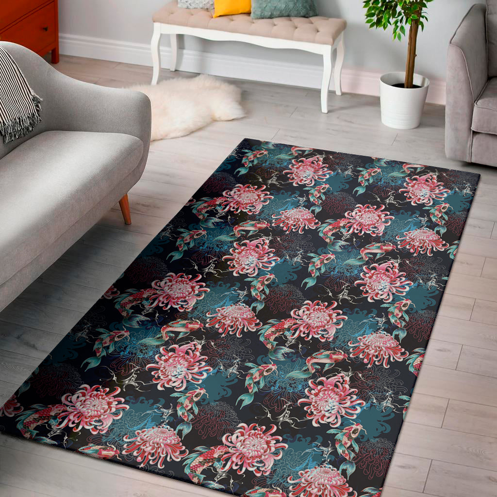 Japanese Koi And Chrysanthemums Print Area Rug