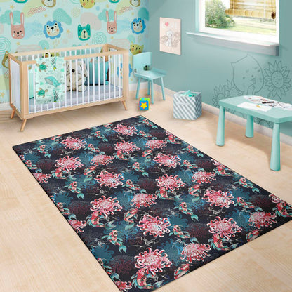Japanese Koi And Chrysanthemums Print Area Rug