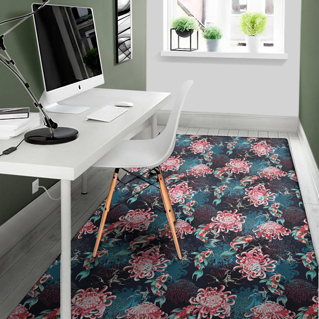 Japanese Koi And Chrysanthemums Print Area Rug