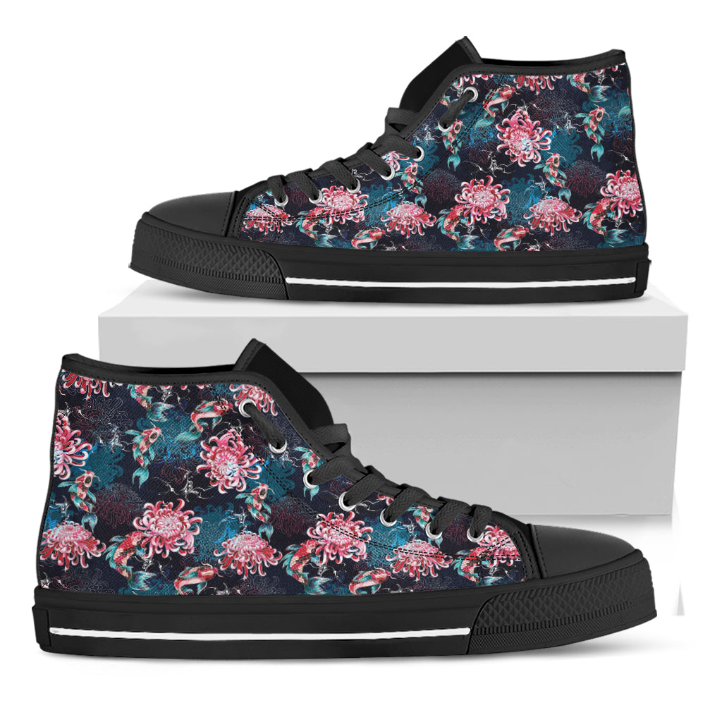 Japanese Koi And Chrysanthemums Print Black High Top Shoes