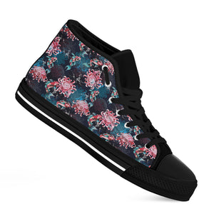 Japanese Koi And Chrysanthemums Print Black High Top Shoes