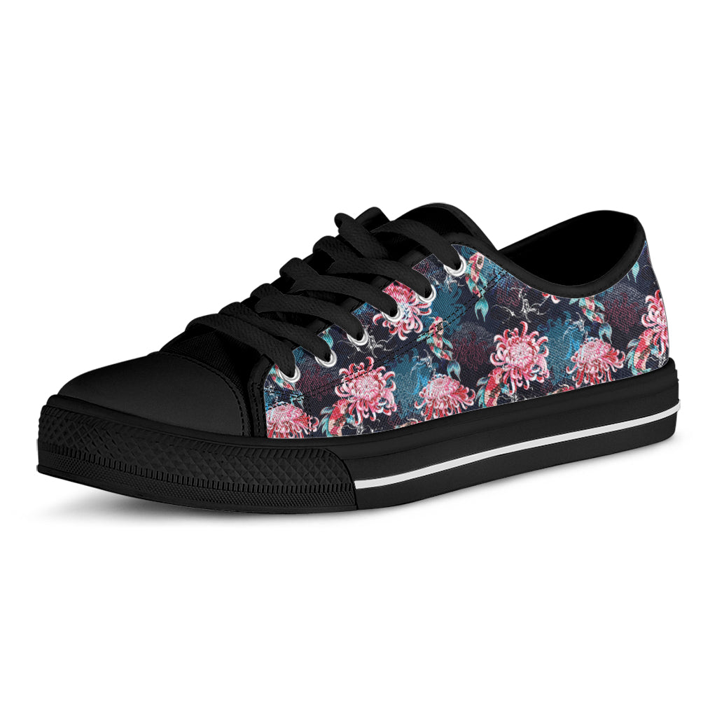 Japanese Koi And Chrysanthemums Print Black Low Top Shoes