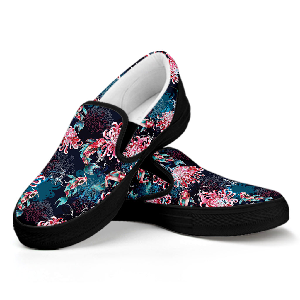 Japanese Koi And Chrysanthemums Print Black Slip On Shoes