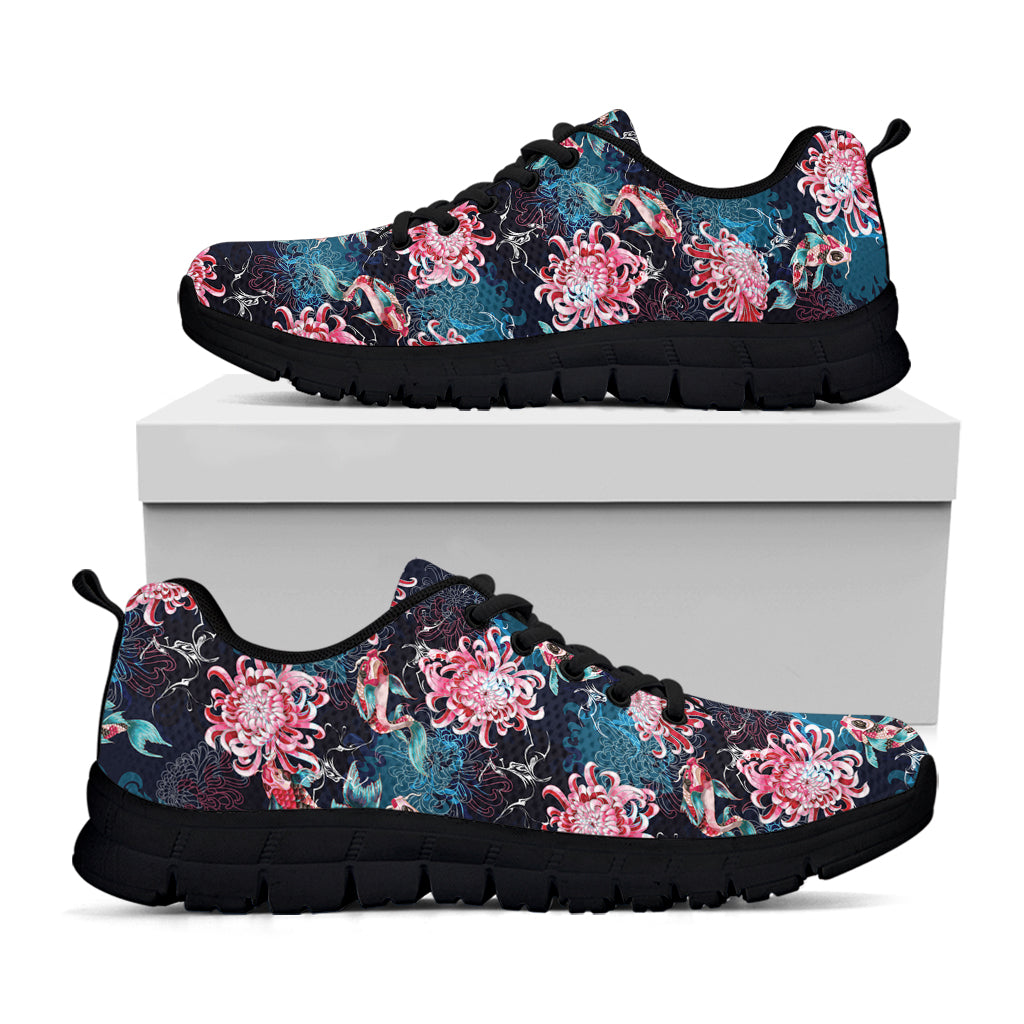 Japanese Koi And Chrysanthemums Print Black Sneakers
