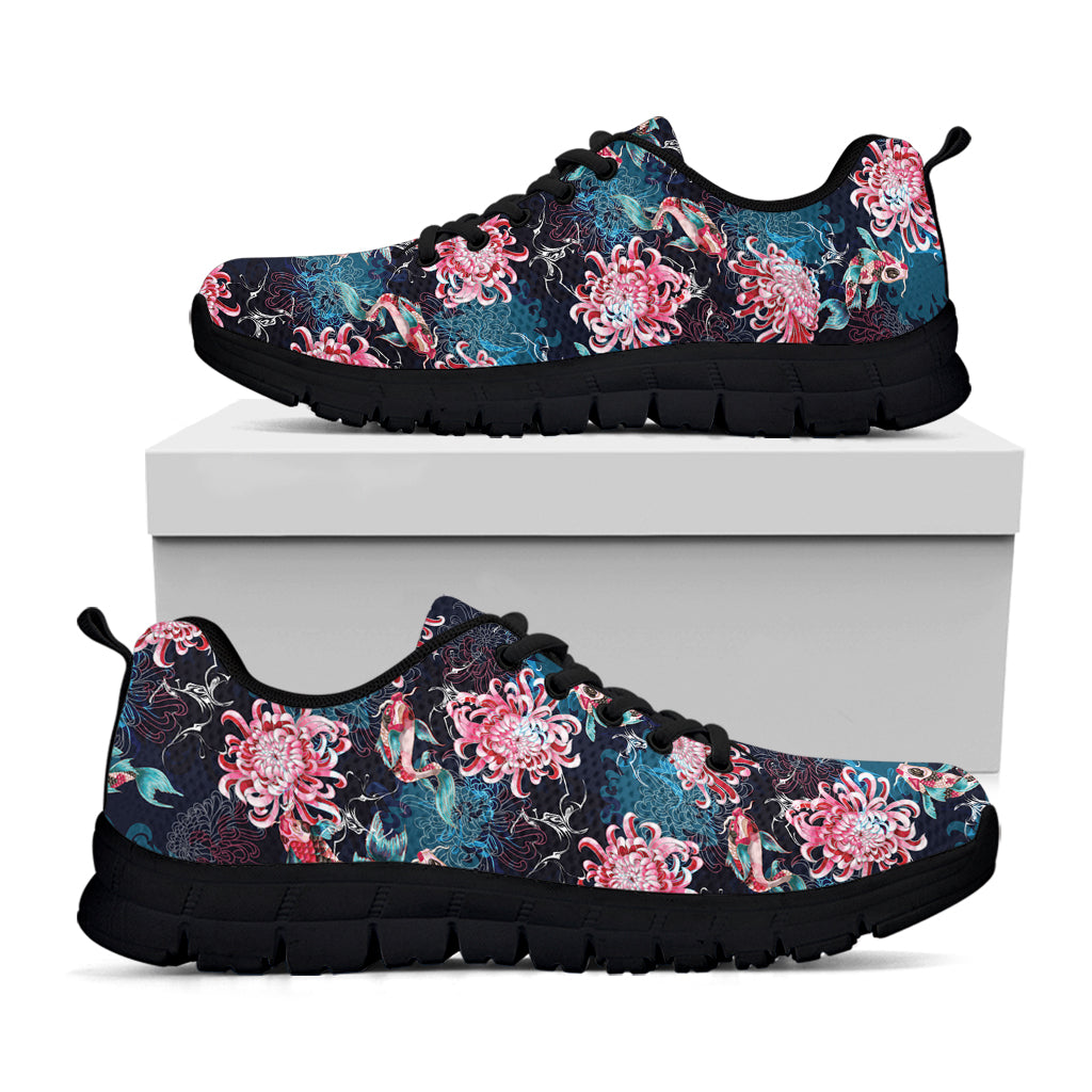Japanese Koi And Chrysanthemums Print Black Sneakers
