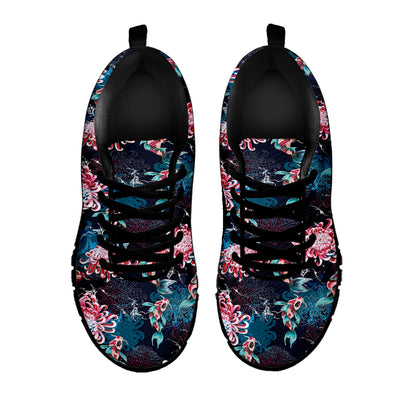 Japanese Koi And Chrysanthemums Print Black Sneakers