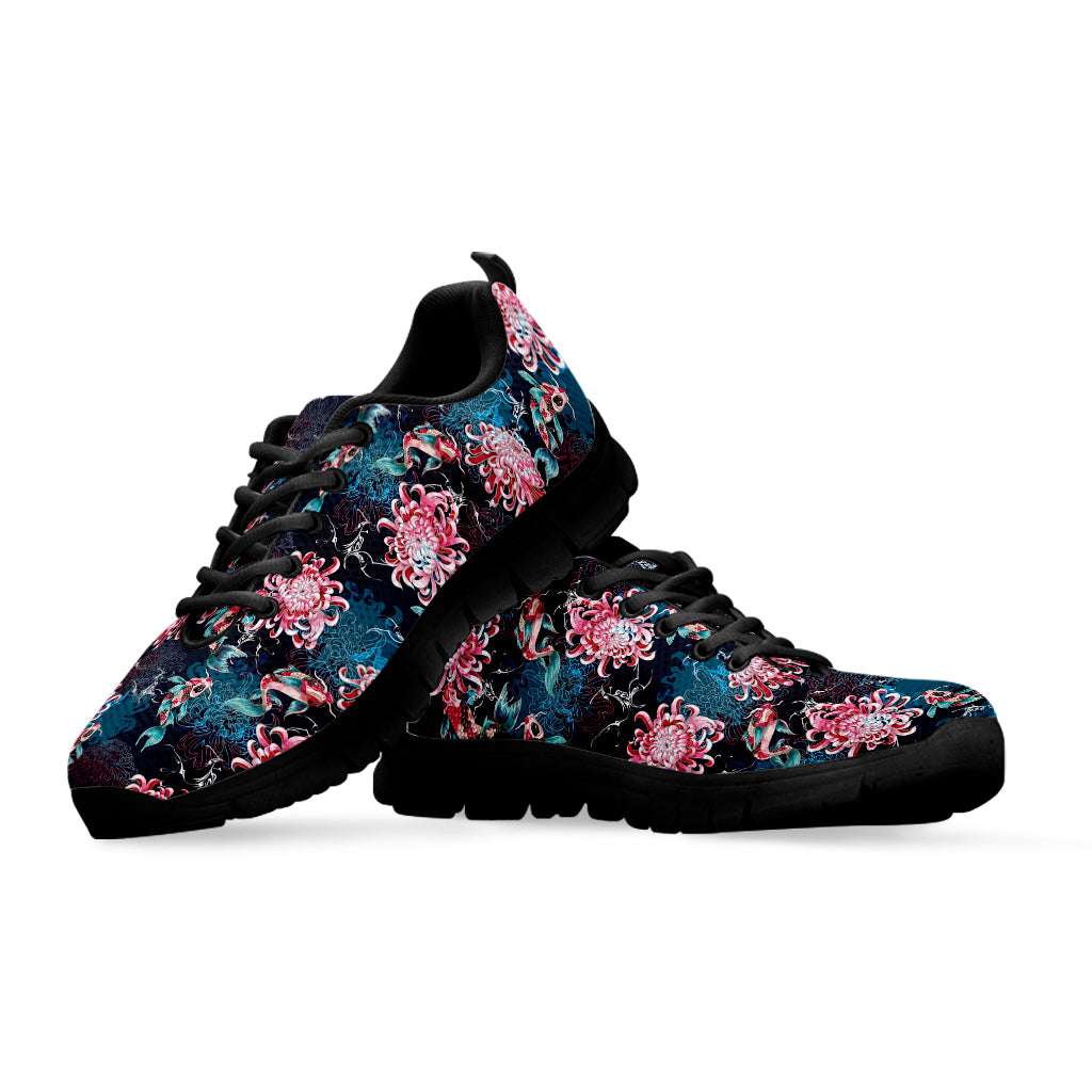 Japanese Koi And Chrysanthemums Print Black Sneakers