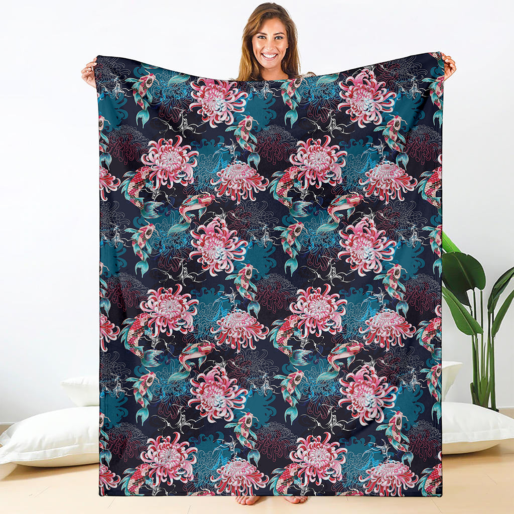 Japanese Koi And Chrysanthemums Print Blanket