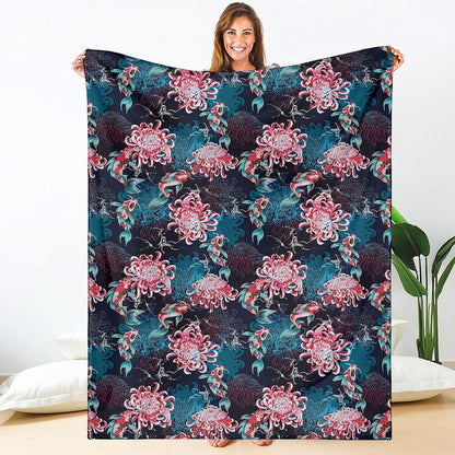 Japanese Koi And Chrysanthemums Print Blanket