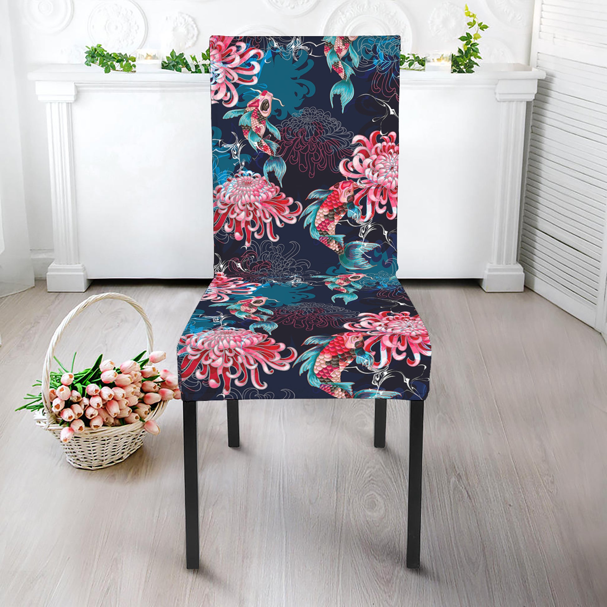 Japanese Koi And Chrysanthemums Print Dining Chair Slipcover