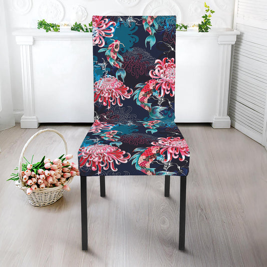 Japanese Koi And Chrysanthemums Print Dining Chair Slipcover
