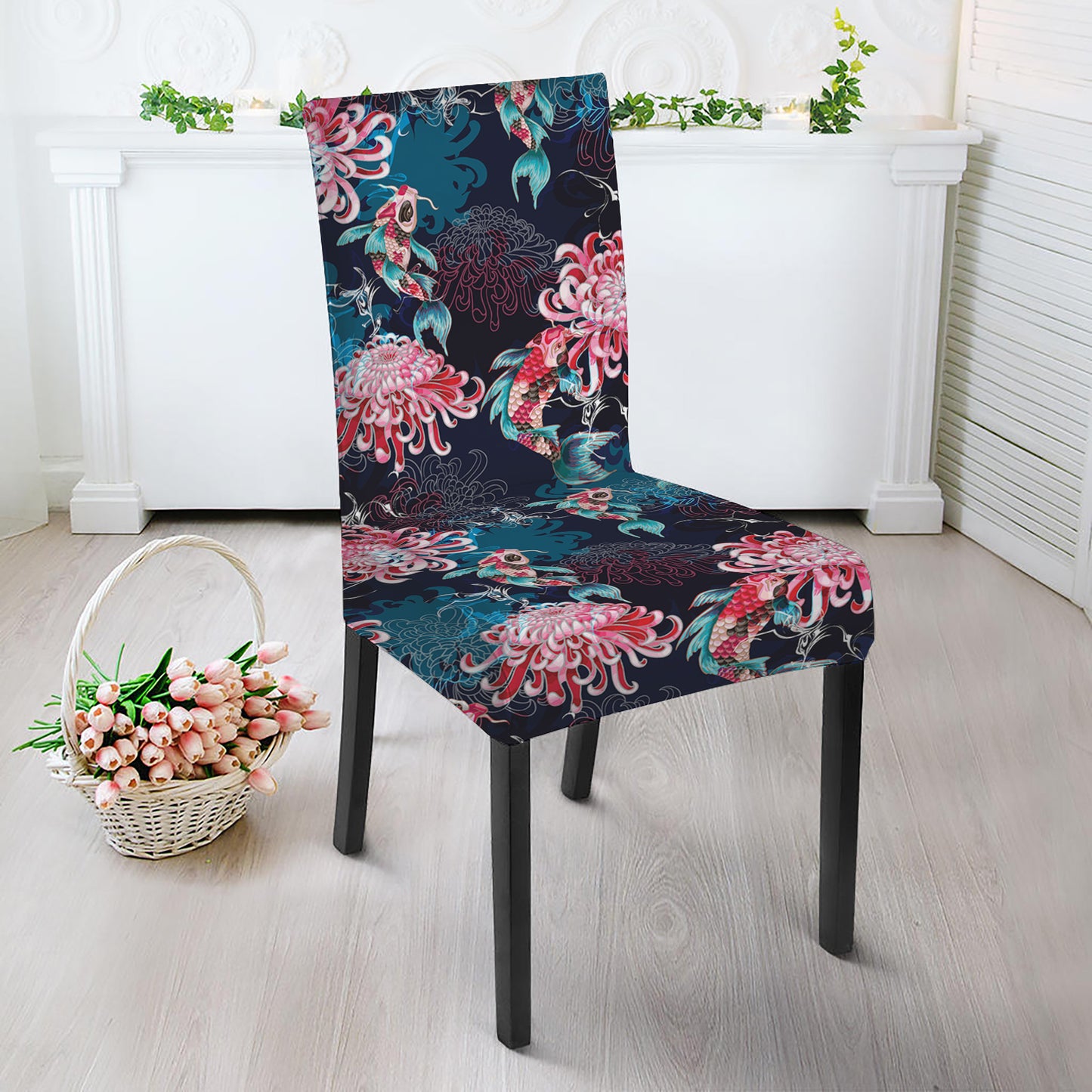 Japanese Koi And Chrysanthemums Print Dining Chair Slipcover