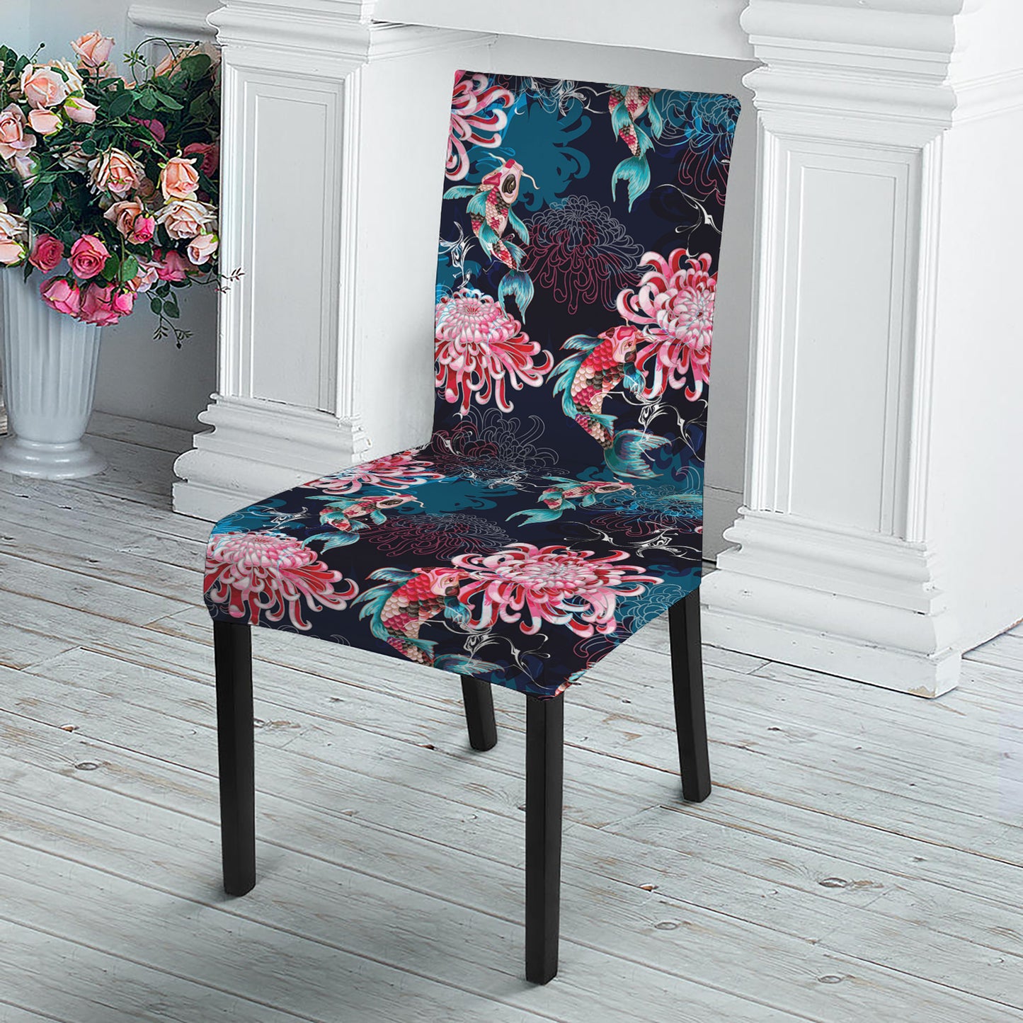 Japanese Koi And Chrysanthemums Print Dining Chair Slipcover